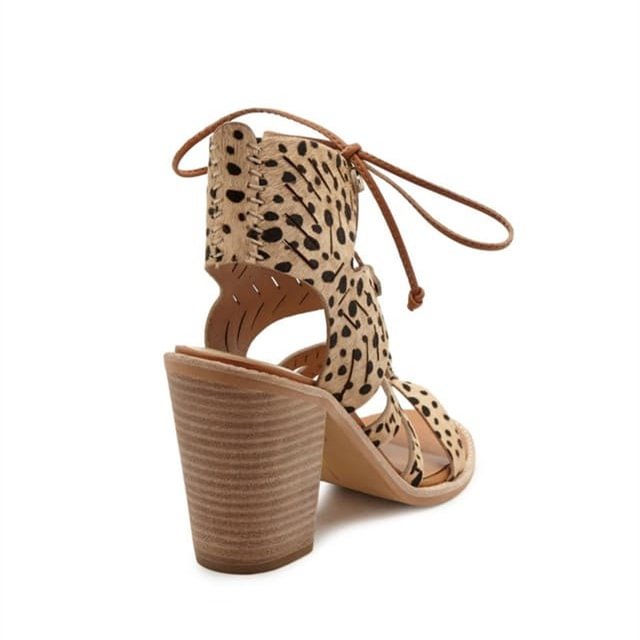 Leopard Print Heels Chunky Heel Lace-up Sandals |FSJ Shoes