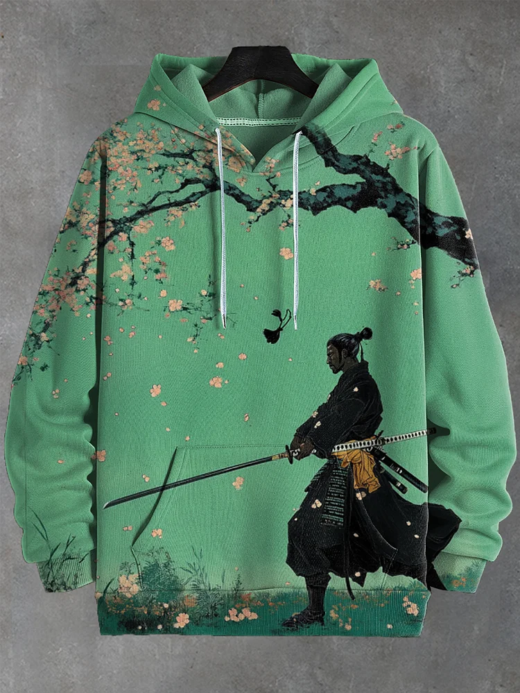 Men's Japanese Samurai Sakura Art Print Casual Hoodie