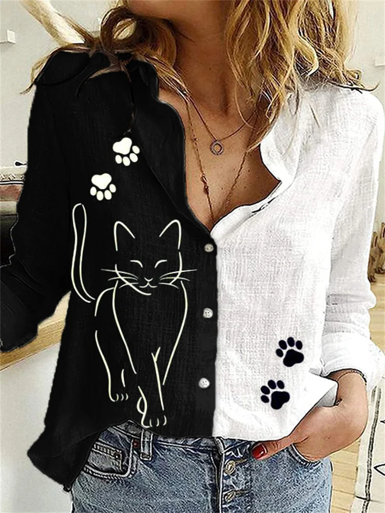 Lovely Cat & Paws Contrast Color Blouse