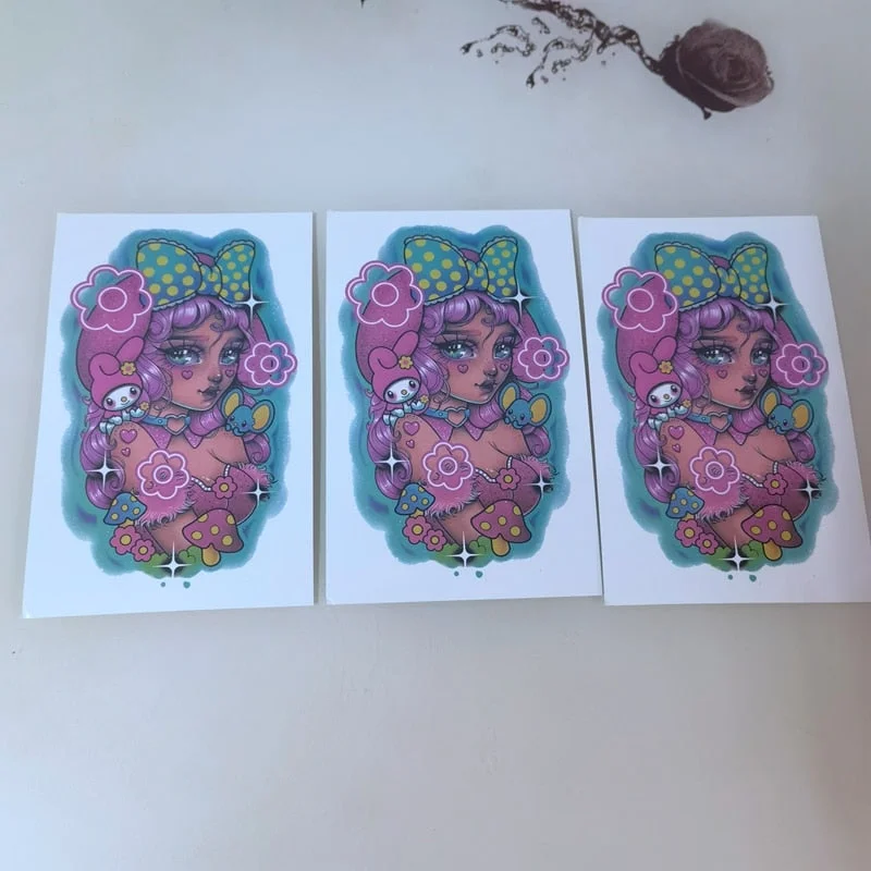 Gothic Bear Temporary Watercolor Tattoo Stickers Female Waterproof Cartoon Cute Horror Art Fake Tattoo Flower Arm Tattoo Sticker