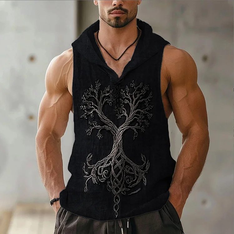 Men's Viking Tree Of Life Embroidered Hooded Linen Vest