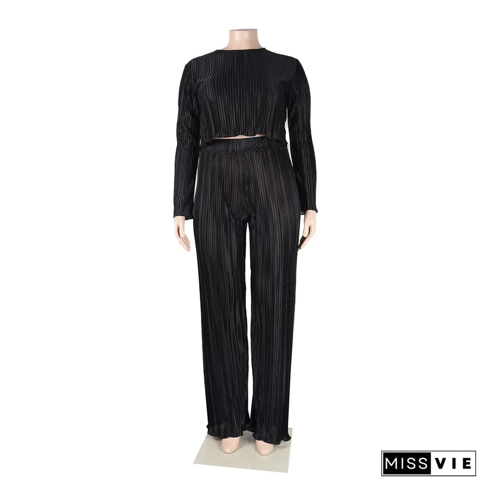 Pleated Loose Blouse Crop Top Wide Leg Pants Outfits