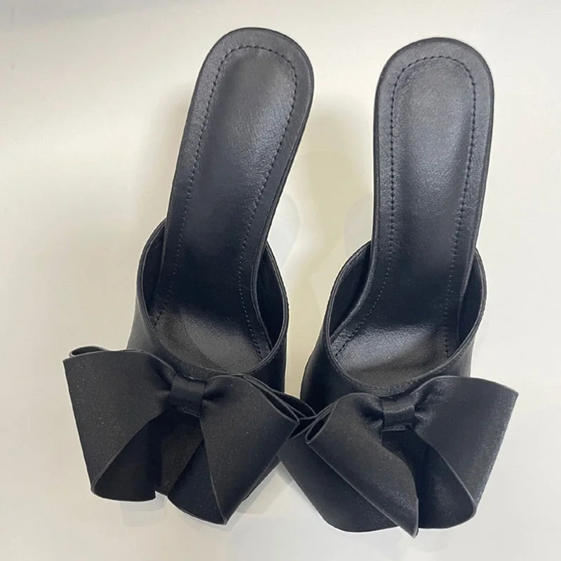 2022 New Purple Silk Butterfly-Knot Women Sexy Slippers Fashion Strange High Heels Sandals Square Toe Mules Slides Party Shoes