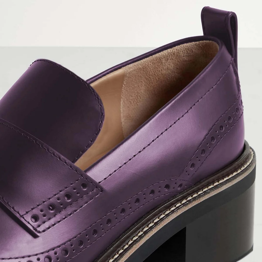 Purple Hollow Out Slip-On Round Toe Block Heel Loafer Shoes Women