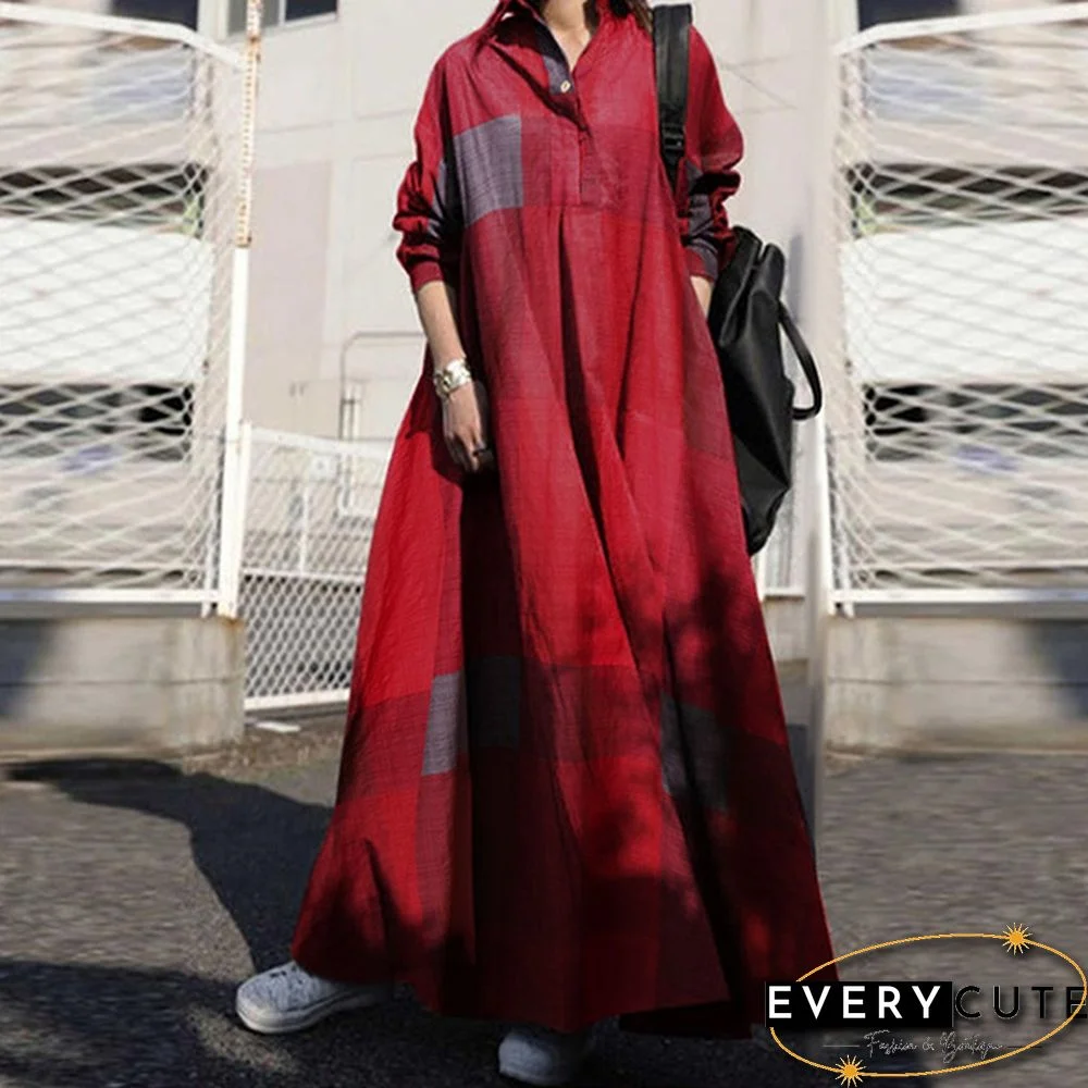 Women Kaftan Full Sleeve Length Oversize Ladies Casual Plaid Check Maxi Shirt Dress Plus Size