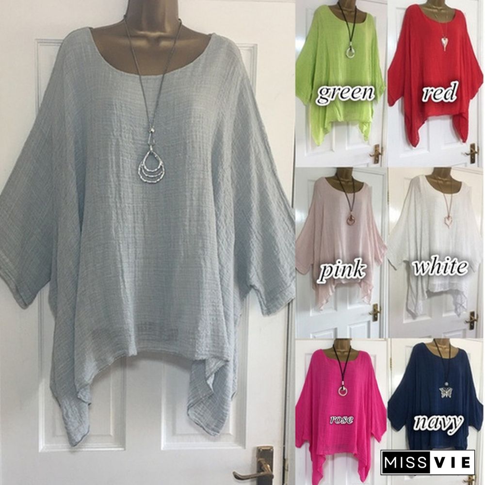 Autumn Fashion Batwing Sleeve Solid Color Plus Size Loose O-neck Casual Blouse Top