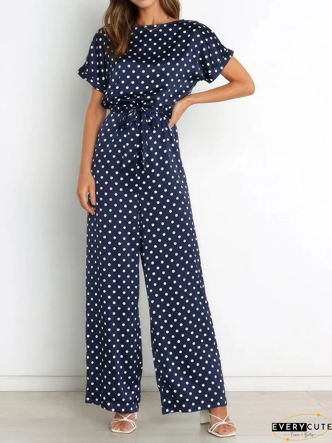 Polka Dot Print Belted Short Sleeve Jumpsuit
