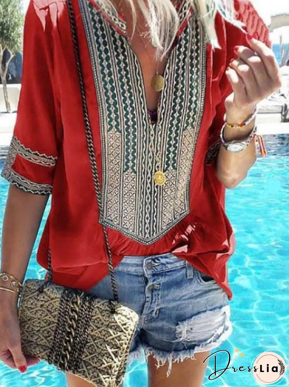 Women Casual Ethnic Style Striped V-Neck Plus Size T-shirts Tops