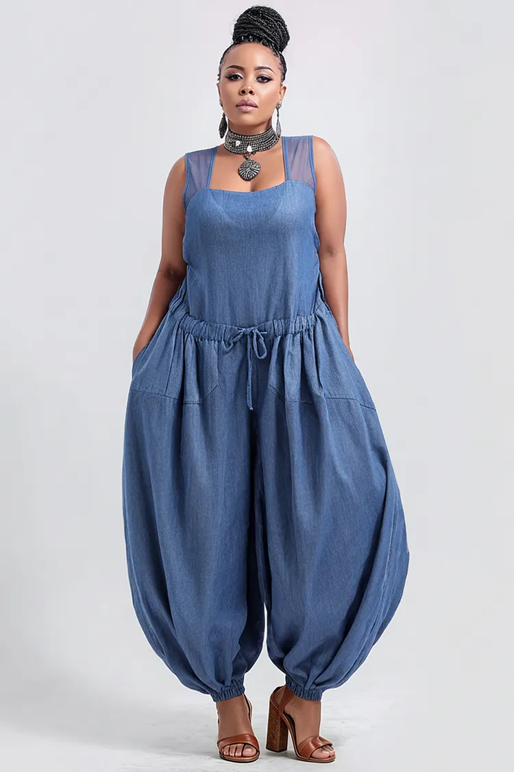 Xpluswear Design Plus Size Vacation Blue Square Neck Pocket Jogging Tencel Denim Jumpsuits [Pre-Order] 2024 - Xpluswear