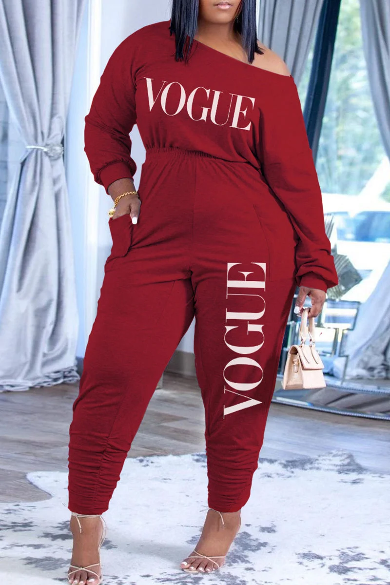 Fashion Casual Letter Print Fold Oblique Collar Regular Jumpsuits