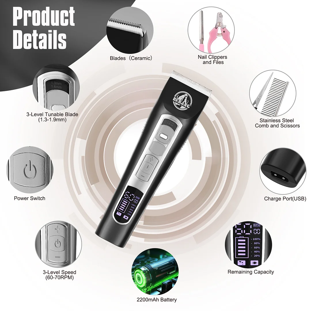 BEBANG Dog Grooming Clippers Pro for Thick Hair Pets, Rechargeable High Power Hair Shaver Clippers Low Noise for Small/Large Dogs & Cats