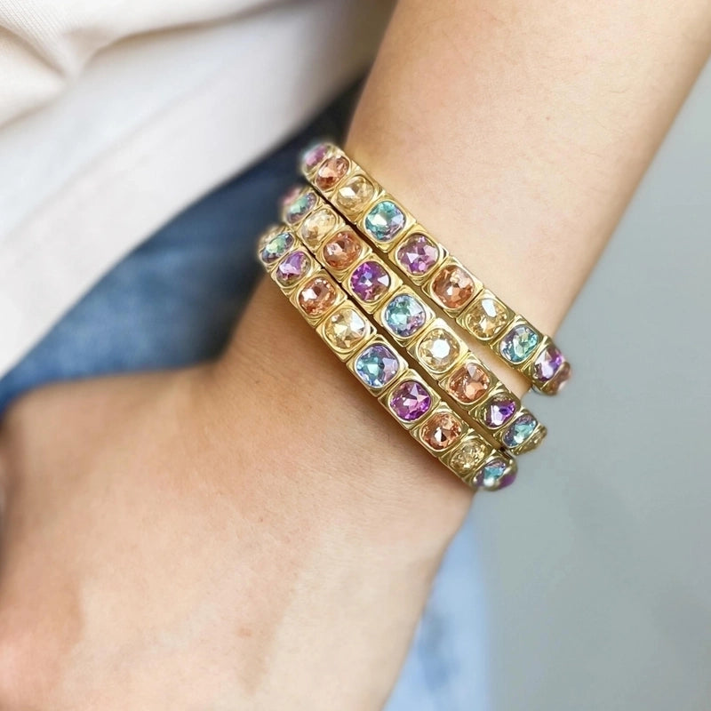 6 Pieces Colorful Hear Shape Zircon Elastic Fashion Bracelet Bangle High Quality Brass No Tarnish Free Jewelry Bracelet Set Women