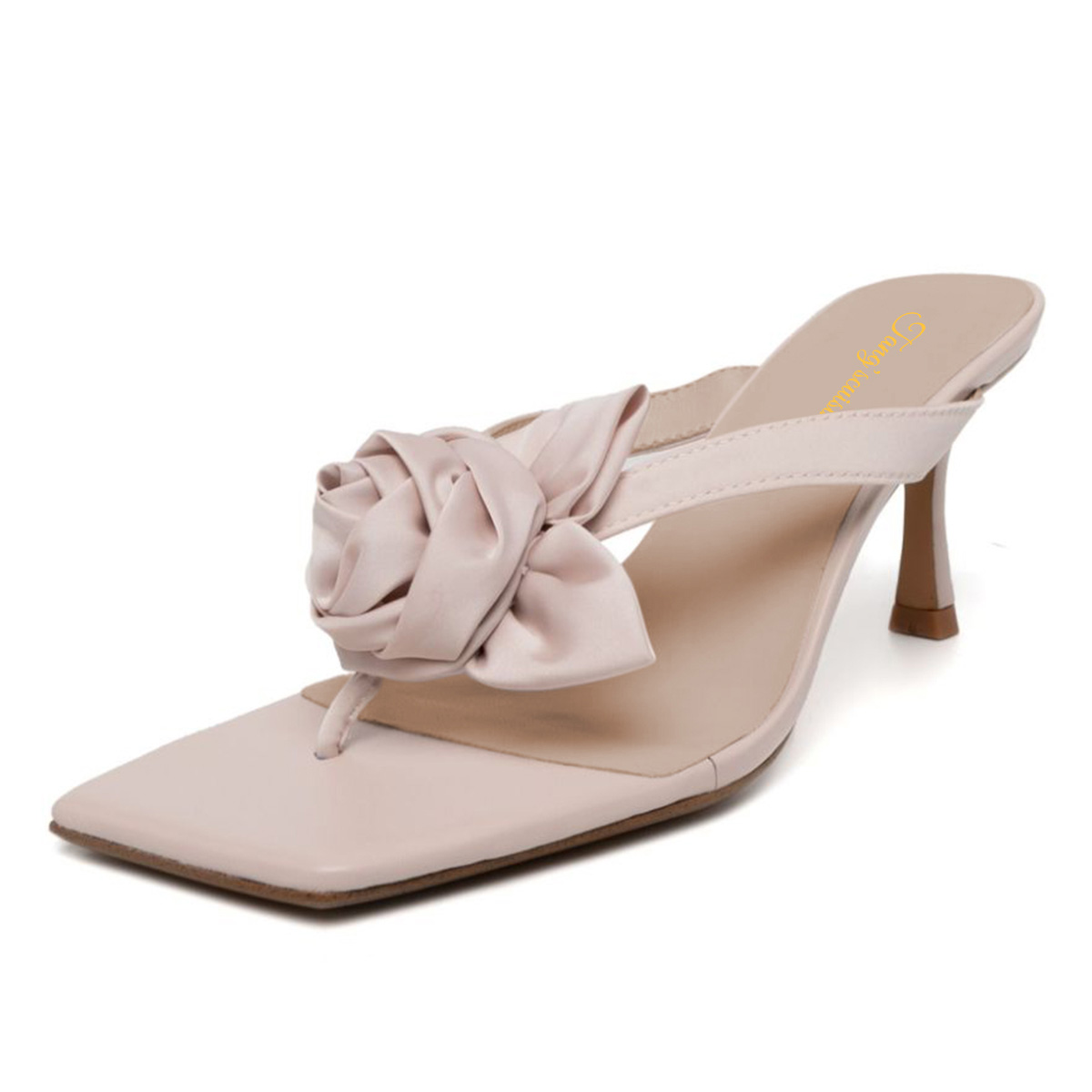 Nude Satin Rose Square Toe Flared High Heel Flip Flops for Women Nicepairs