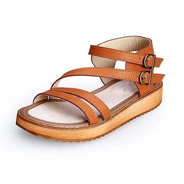 Women Fashion Vintage Style Wedges Flat Sandals Rome Platform Genuine Leather Shoes
