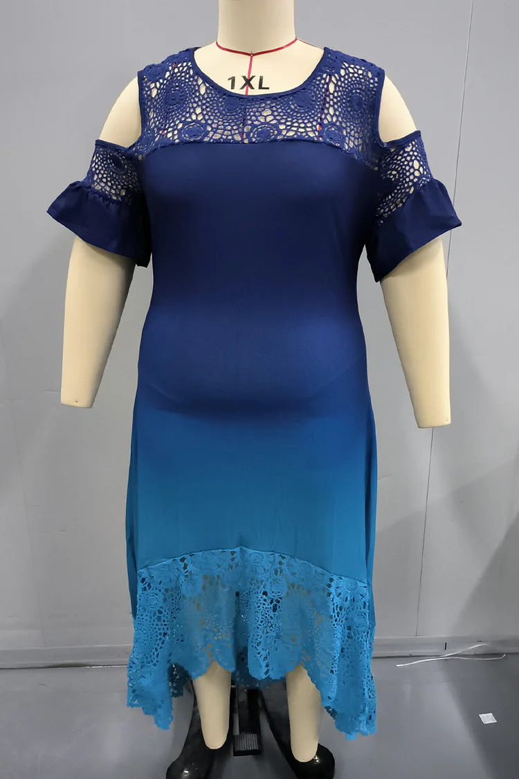 Plus Size Lace Stitching Cold Shoulder Ombre Maxi Dress  Flycurvy [product_label]