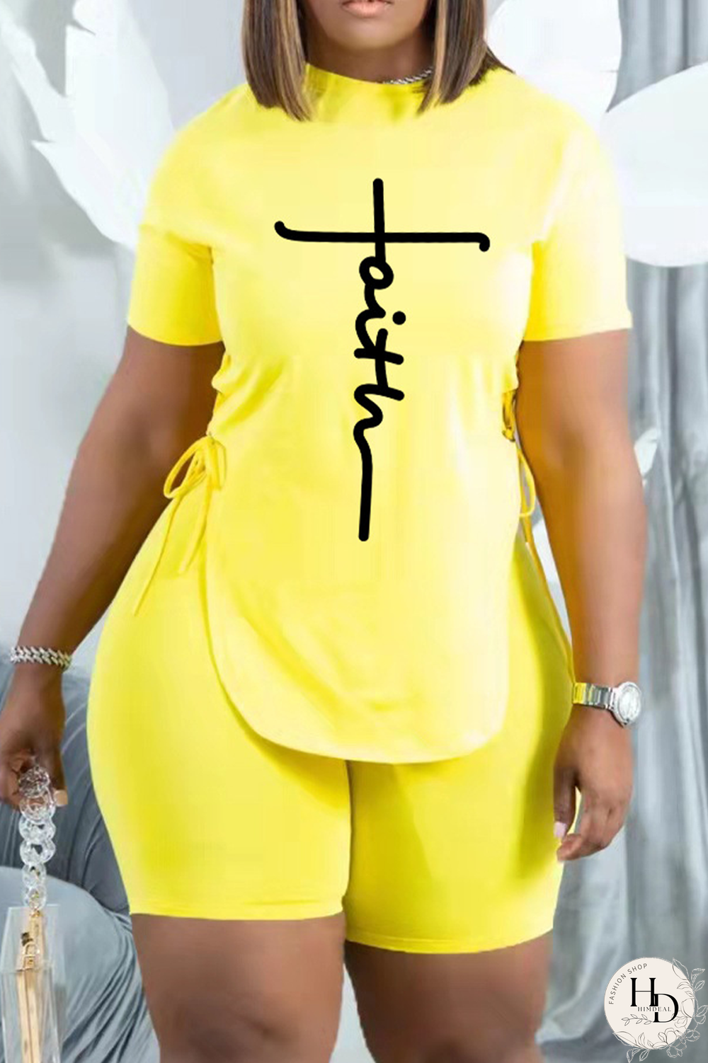 White Casual Print Draw String O Neck Short Sleeve Two Pieces