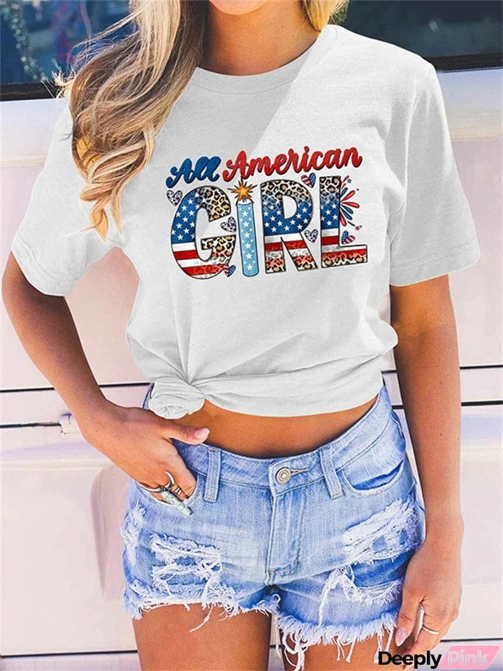 Casual Short Sleeve Printed Crewneck Shirts for Ladies