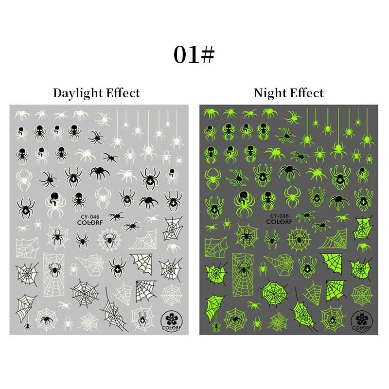 3D Luminous Nail Stickers Halloween Pumpkin Spider Star Moon Transfer Sliders  Winter Glow In The Dark Nail Art Decoration-Nail Inspo