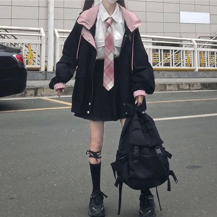 Casual Korean Color Sweet Matching Coat New Style College Style Loose Hooded Work For Female Students Autumn And Spring Jackets