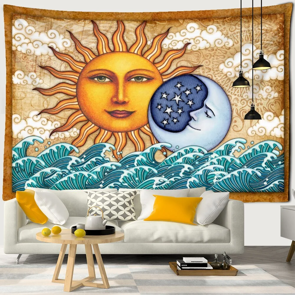 Psychedelic Sun And Moon Tapestry Wall Hanging Ins Style Japanese Relief Painting Bohemia Home Decor