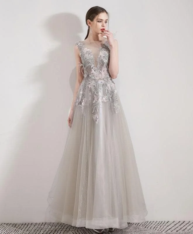 Gray Tulle Lace Long Prom Dress, Gray Tulle Evening Dress