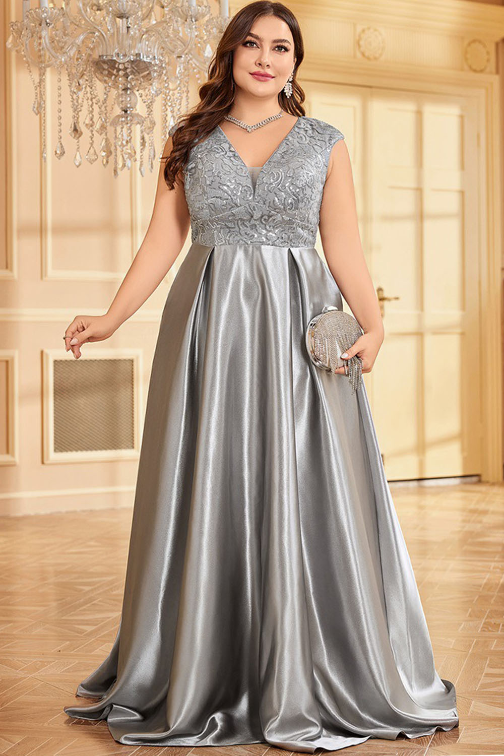 Plus Size Formal Silver Satin Lace Embroidery Sleeveless Maxi Dress 2024 - Flycurvy 