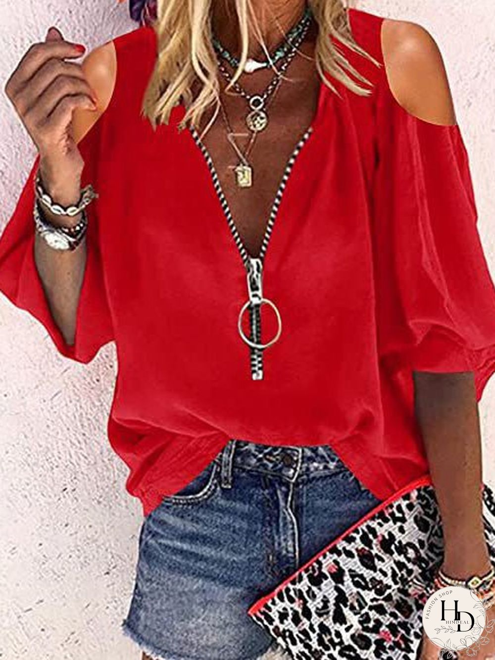 Women'S Blouses V-Neck Zip Off-Shoulder Long Sleeve Blouse
