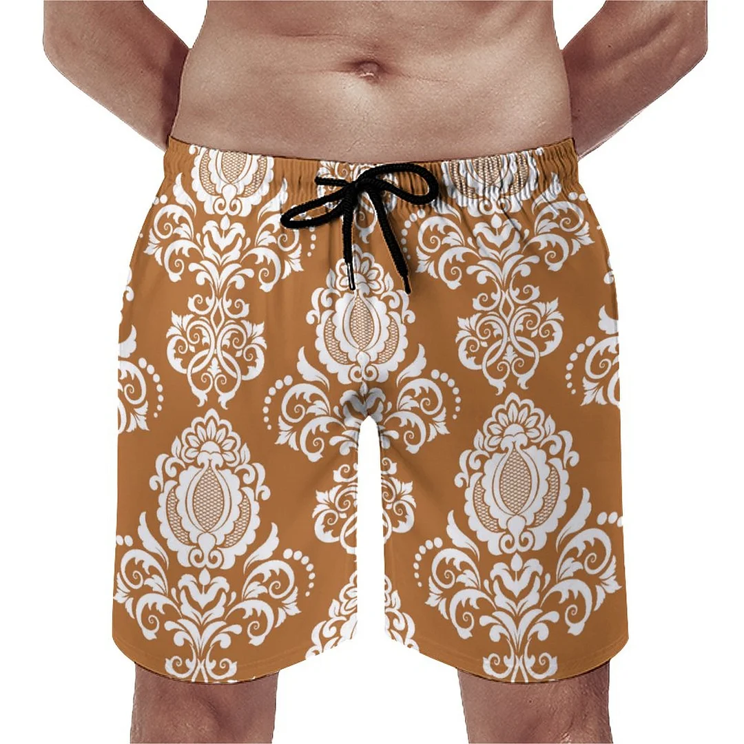 Autumn Colors Ochre Damask Men's Swim Trunks Summer Board Shorts Quick Dry Beach Short with Pockets
