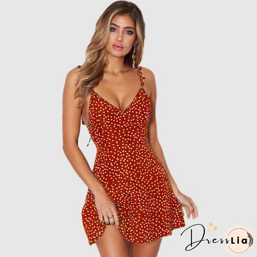 Summer Women's Fashion New Sleeveless Polka Dot V-neck Strap Mini Backless Casual Top Dresses