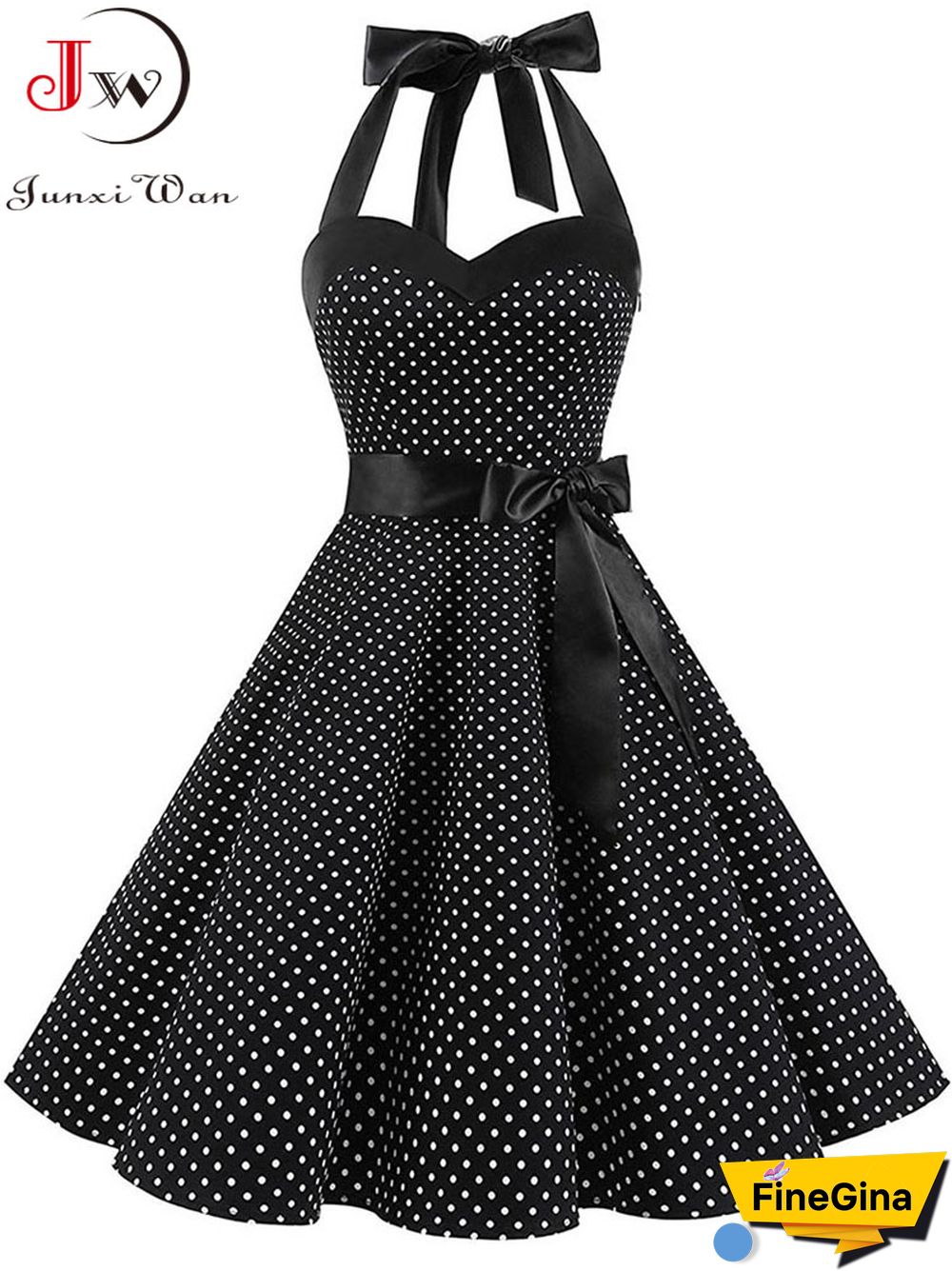Sexy Halter Party Dress Retro Polka Dot Hepburn Vintage 50s 60s Pin Up Rockabilly Dresses Robe Elegant Midi Dress
