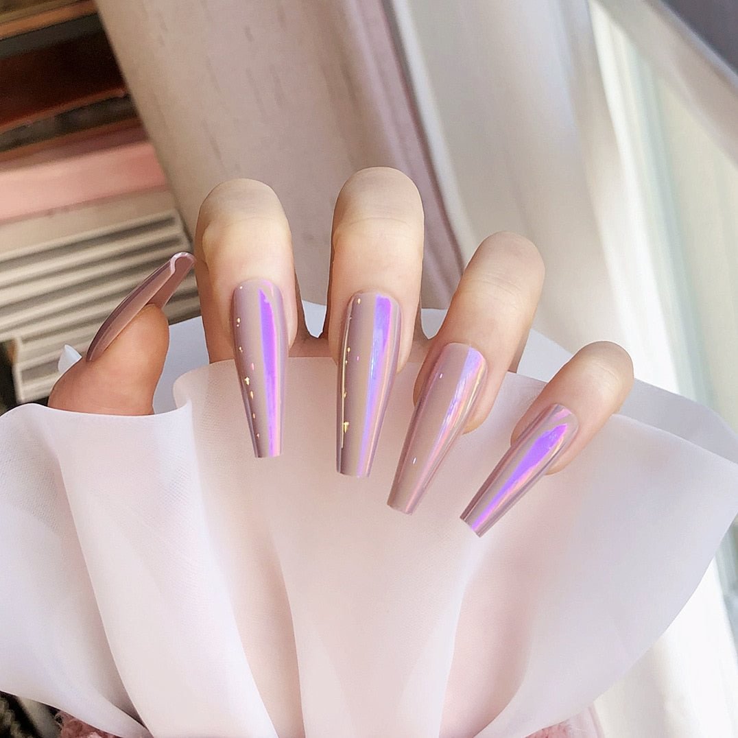 Ballerina Coffin False Nails Chrome Lavender Purple Press On Fingernails Fake Nails Extra Long Ladies Designed Tips for Finger 515-1