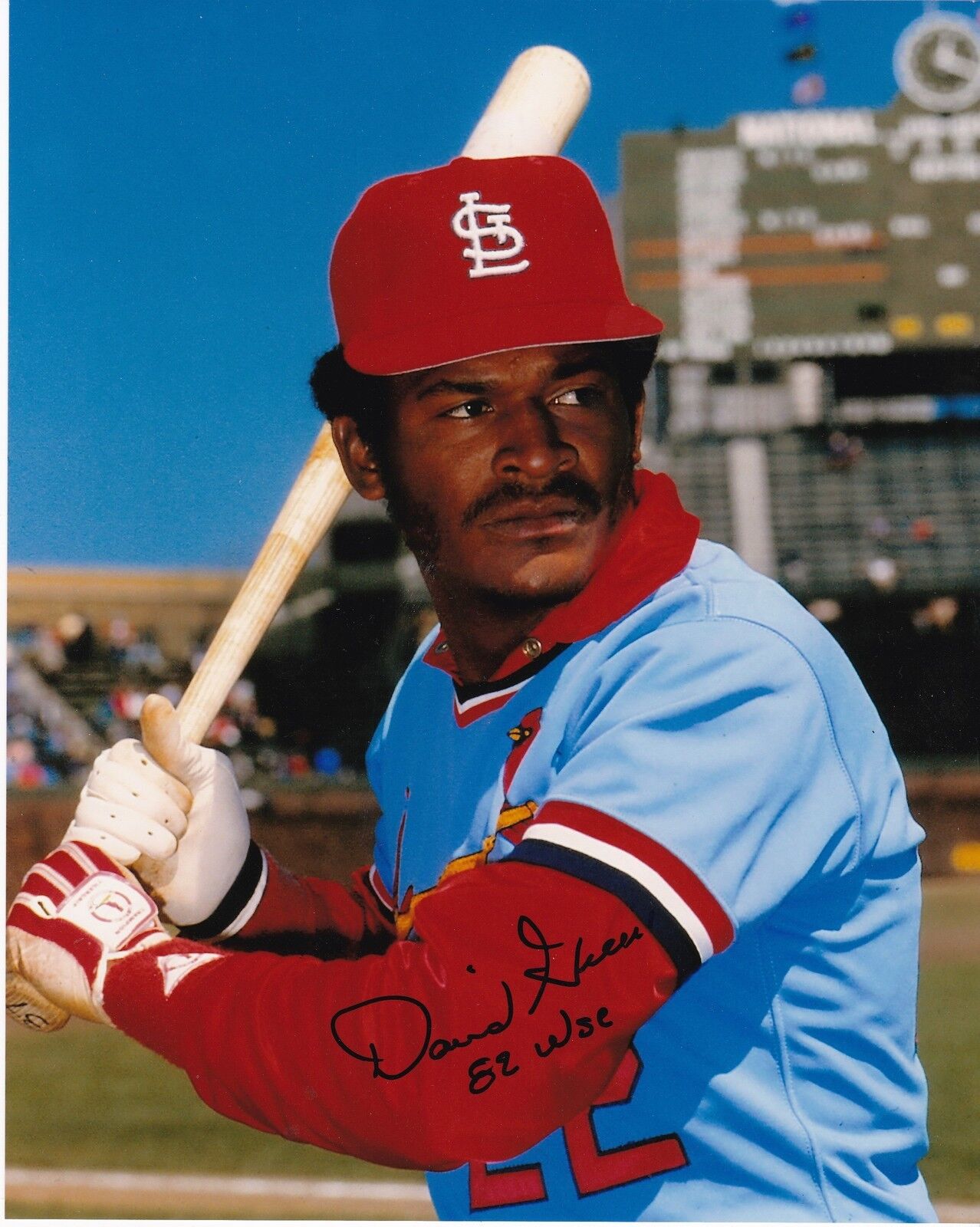 DAVID GREEN ST. LOUIS CARDINALS 1982 WS CHAMPS ACTION SIGNED 8x10