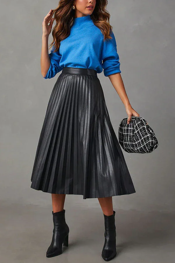 Elevated Classic Faux Leather High Waist Pleated Midi Skirt
