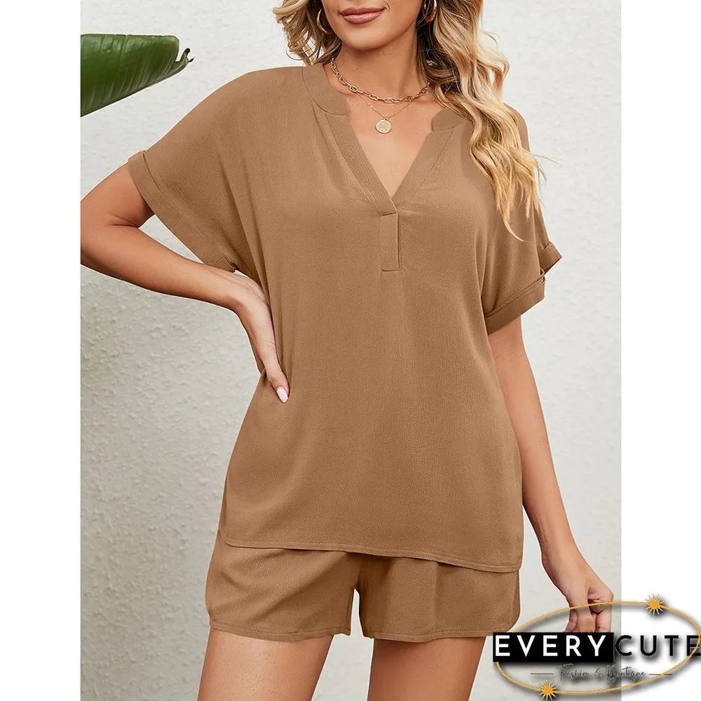 Khaki V Neck Top And Short Lounge Set