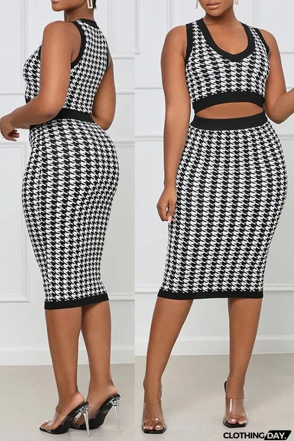 Black Casual Print Patchwork V Neck Sleeveless Two Pieces