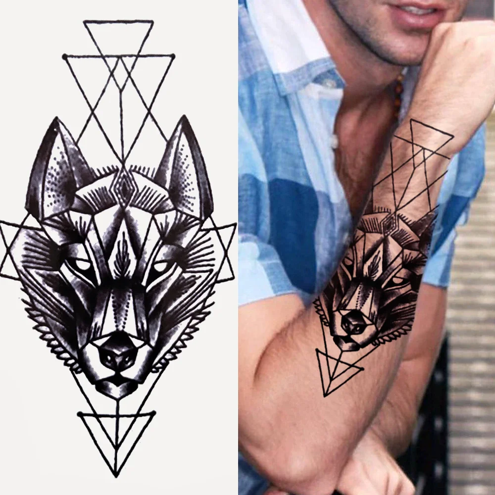Sdrawing Wolf Geometry Temporary Tattoos For Children Women Men Adults Panda Tiger Skeleton Tattoo Sticker Black Forest Fake Tatoo