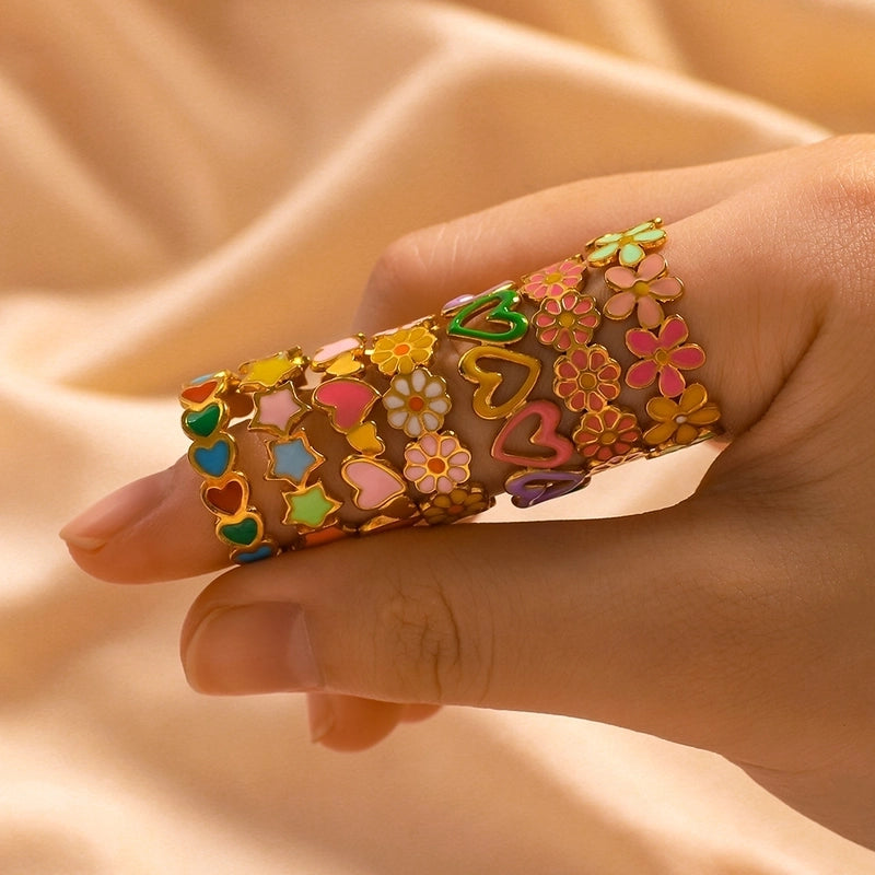 Retro IG Style Heart Shape Flower Titanium Steel Enamel Plating Stainless Steel Rings