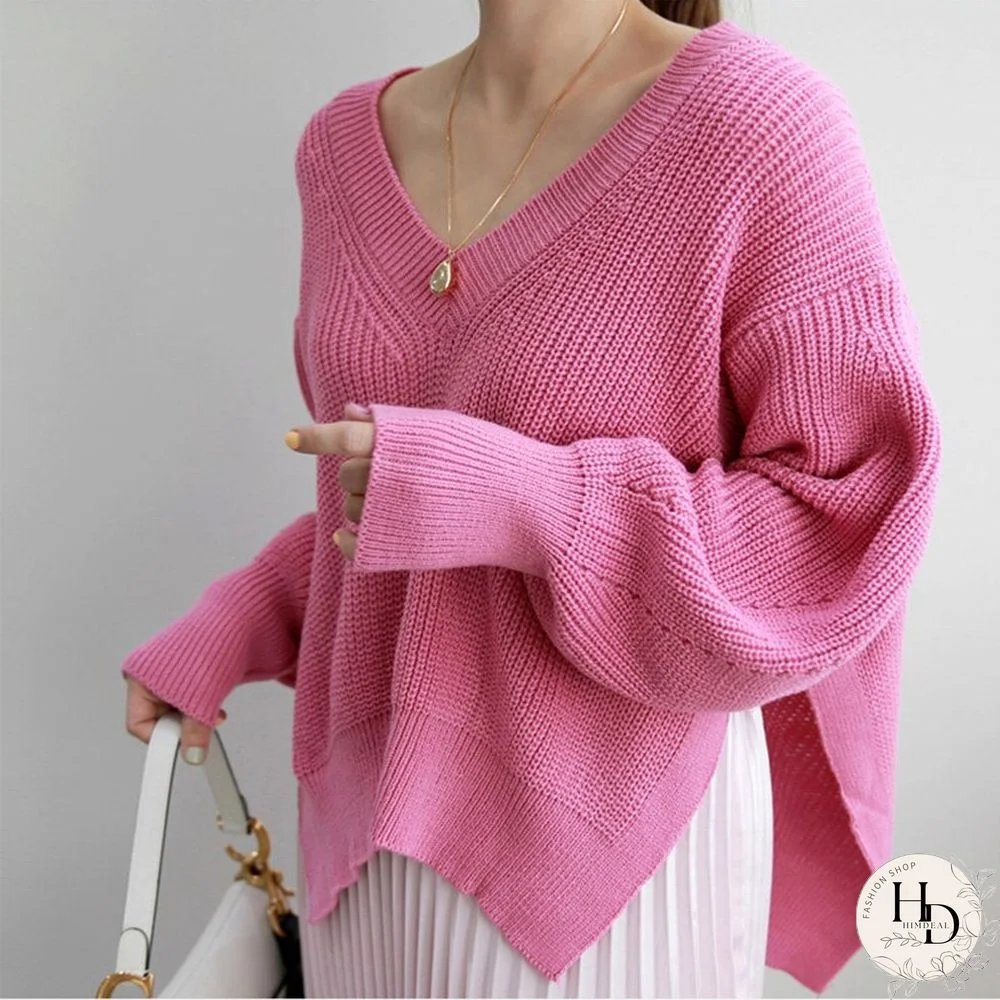 Christmas Gift Knitted Sweaters For Women Fall Winter Korean New Sweet Casual Loose V-neck Females Pullovers Sweet Simple Ladies Sweater Tops
