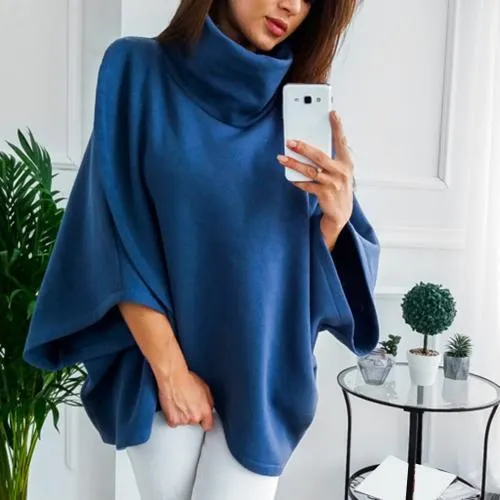 High Quality Women Dolman Sleeve Turtleneck Solid Color Cloak Irregular Pullover Blouse Top Polyester&nbsp; Spandex Women's Blouse