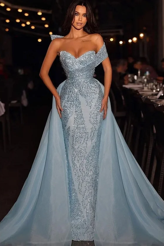 Daisda Baby Blue Embroidery Sleeveless Strapless One-Shoulder Mermaid Beads Prom Dress