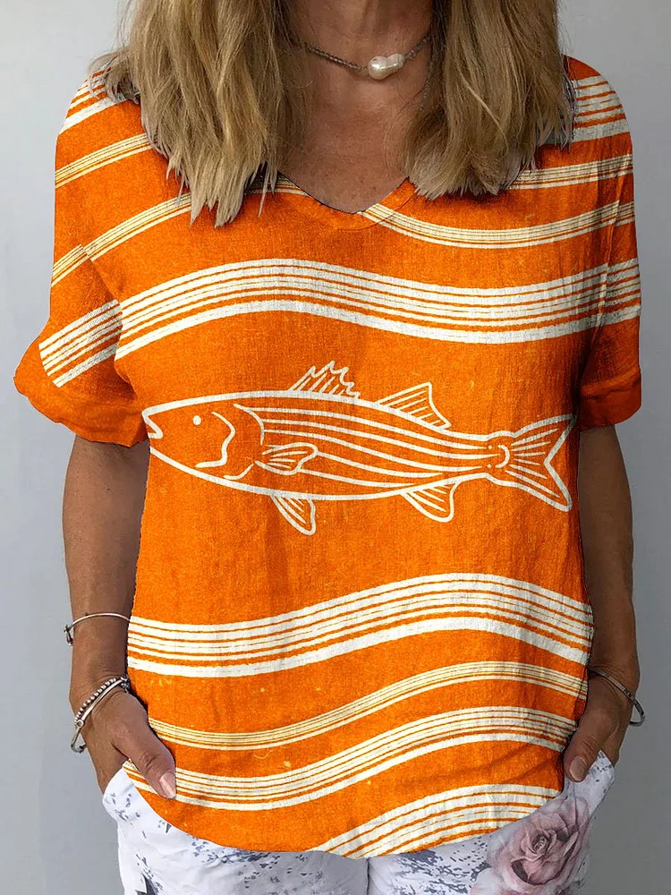 Women's Vintage Ocean Fish Sardines Art Print Casual Cotton And Linen Shirt