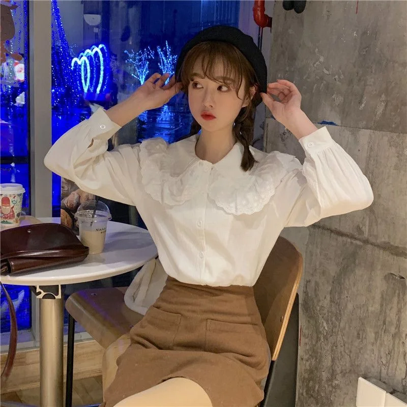 Long-Sleeve Peter Pan-Collar Ruffle Trim Shirt YP3186