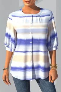 Plus Size Tie Dye Three Quarters Sleeve Decorative Button Blouse