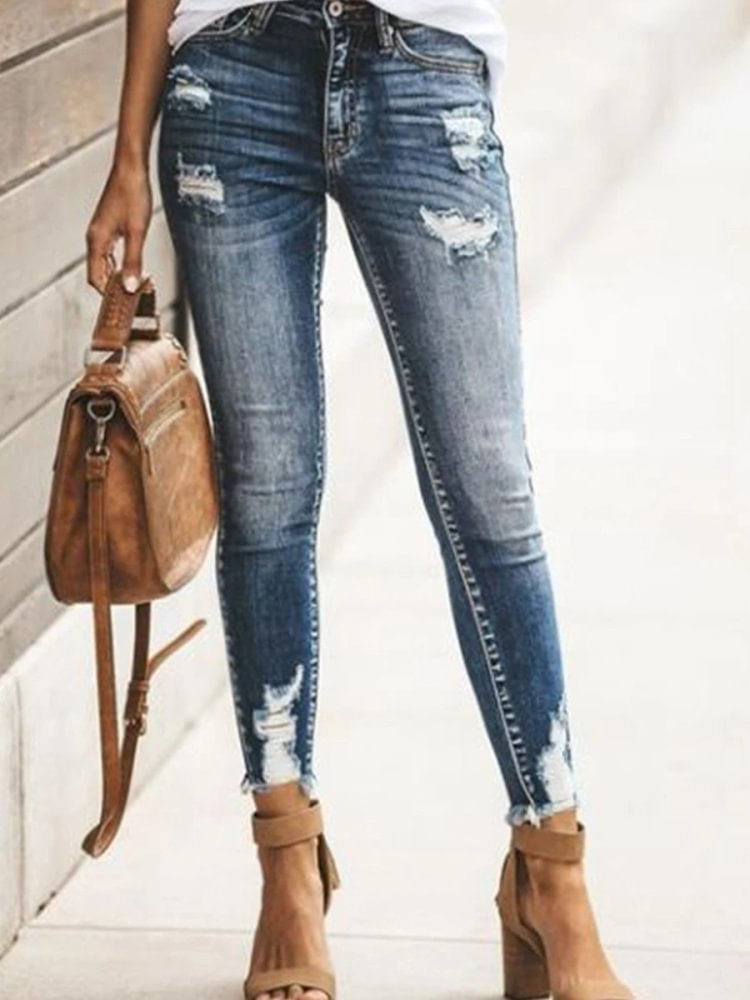 Casual Distressed Mid-rise Ripped Skinny Jeans P10495