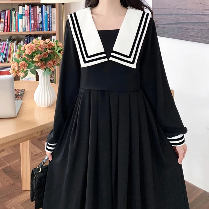 Gothic Lolita Dress Long Sleeve Navy Collar Empire Plus Size Little Black Dress Novameme