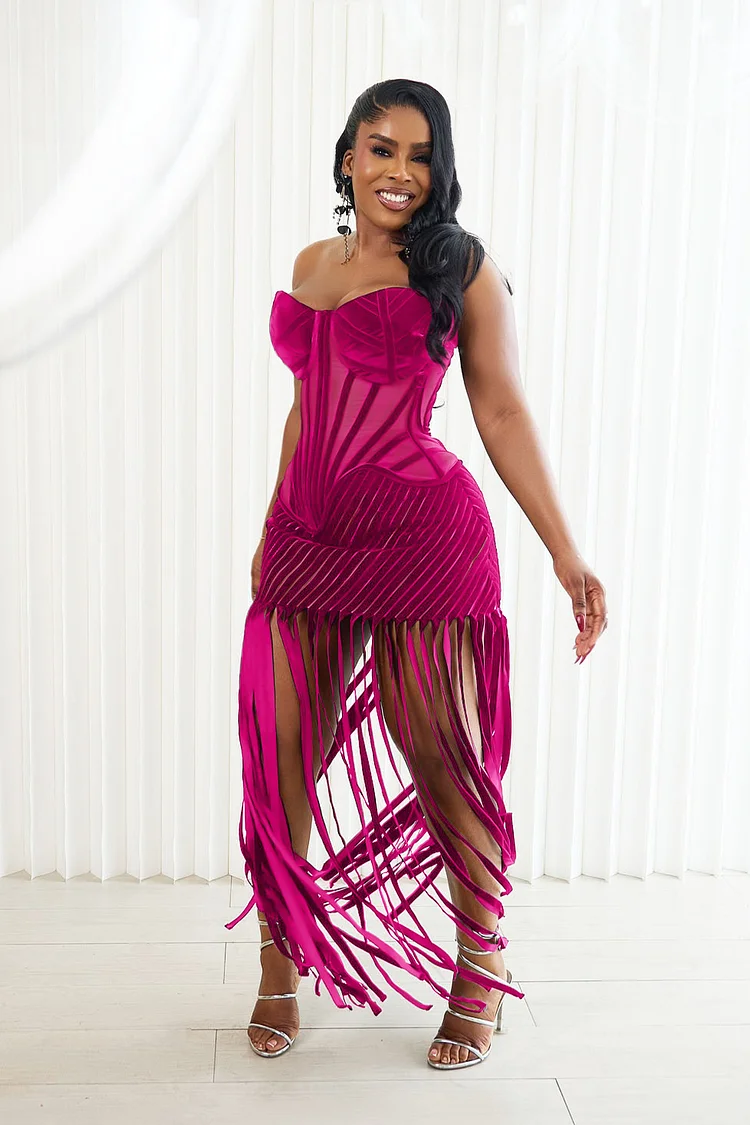 Strapless Semi-Sheer Corset Fringe Party Maxi Dresses-Black