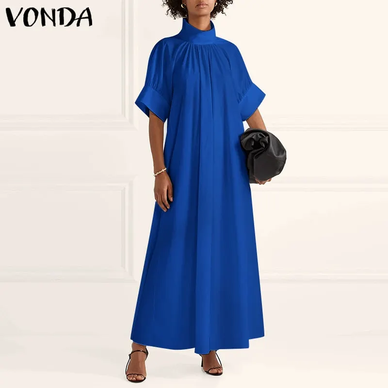 2022 VONDA Women Party Dress Summer Turtleneck Vintage Short Sleeve Dresses Elegant Robe Bohemian Vestidos Long Maxi Robes