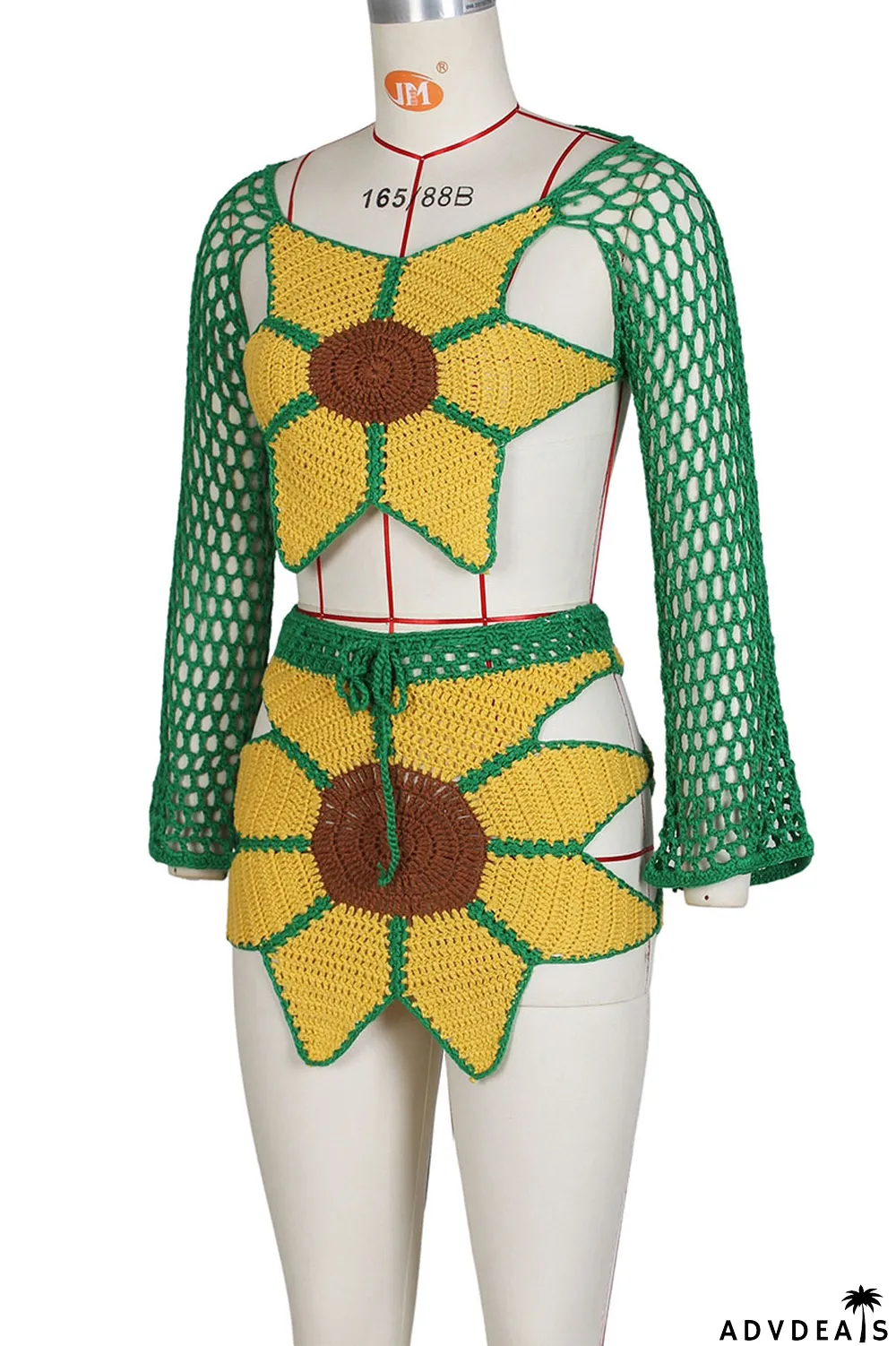 Green Yellow Sexy Solid Bandage Hollowed Out Patchwork Backless V Neck Long Sleeve Two Pieces