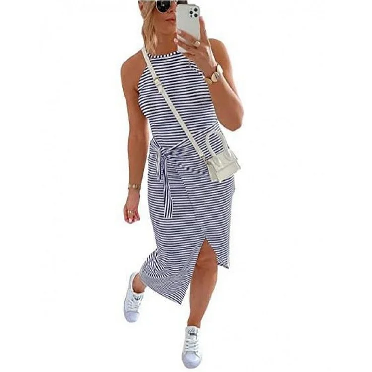 🔥Summer Hot Sale 😊Casual Sleeveless Striped Midi Dresses