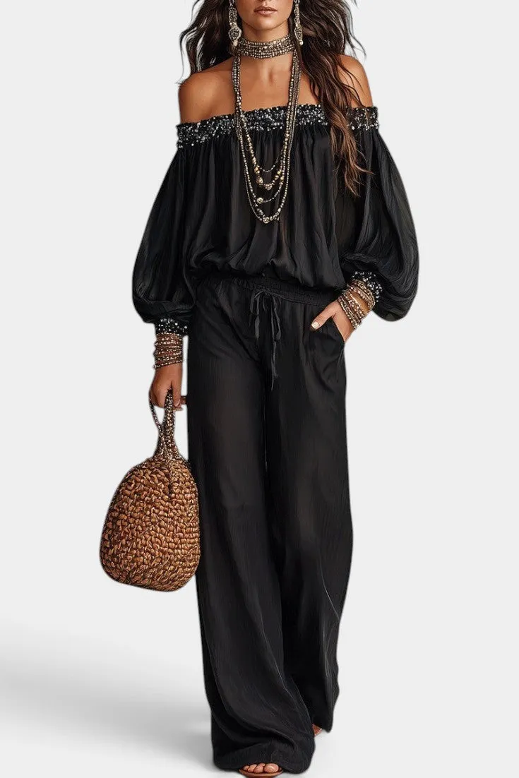 Off-Shoulder Beaded Blouse with Wide Leg Trousers Set